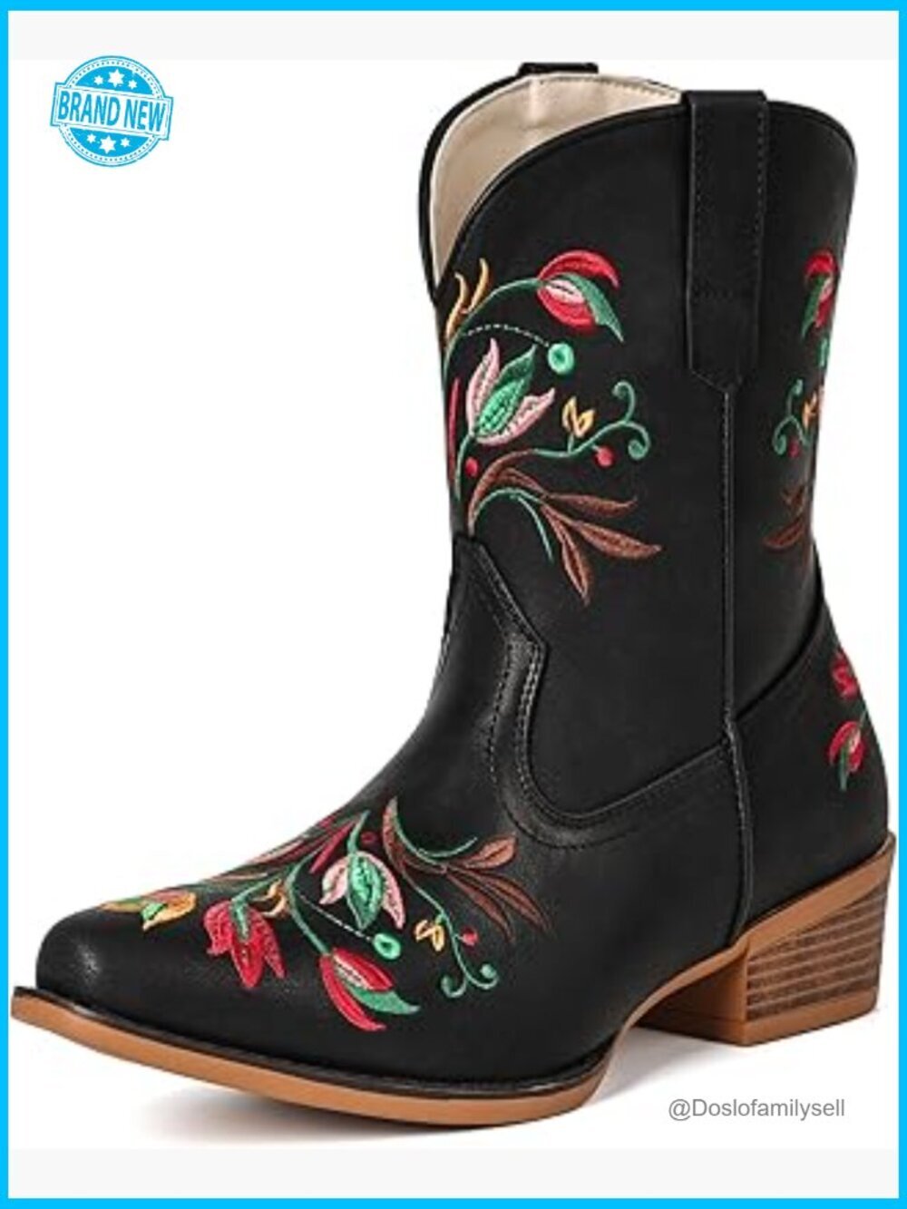 Western Flower Embroidered Snip Toe Chunky Heel Ankle Cowgirl Boots Retro